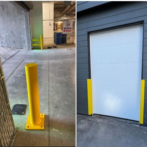 "Impact-Ready Asset Protection: Installation of surface-mounted structural steel bollards. Features heavy-duty base plate anchoring and a high-visibility safety yellow powder coat. Designed to protect critical infrastructure and building corners from vehicle and equipment impact in high-traffic loading zones."
