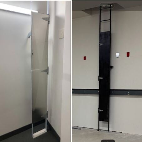 "High-Compliance Roof Access System: CWB-certified heavy-duty ladder installation featuring precision-leveled rungs and high-strength stand-off brackets. Finished with a primer for maximum corrosion resistance in Alberta’s exterior environments. Fully compliant with Alberta OHS Part 13 safety standards."
